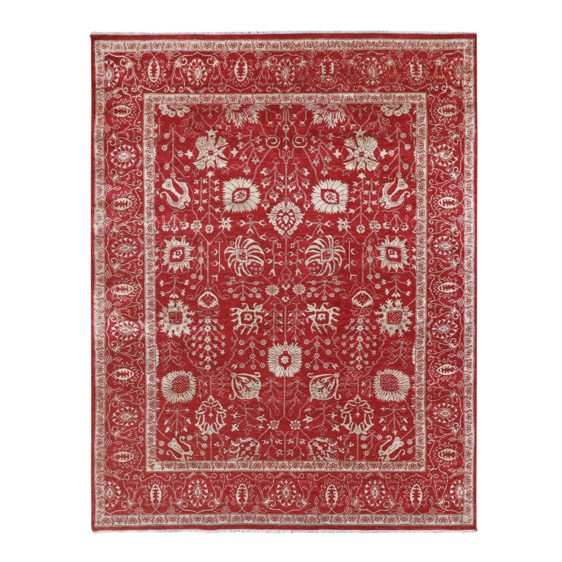 7'9"x10' Crimson Red, Persian Tabriz Influence Design, Wool & Silk, Tone on Tone, Hand Knotted, Oriental Rug 
